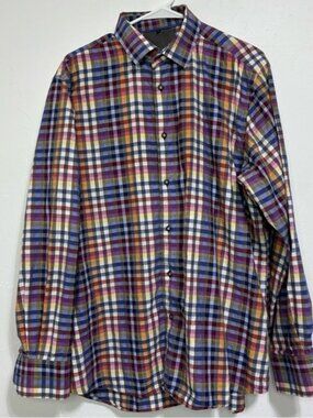 Visconti Black Men's Large Dress Shirt Plaid Check Colorful Multicolor BUTTONS